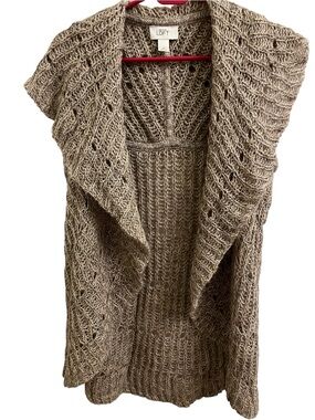 LOFT Taupe Open-Front Knit Sweater Vest with Draped Collar